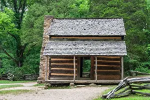 Tennessee Prints: John Oliver Cabin historic site in Cades Cove village in the Great Smoky Mountain National Park in Tennessee