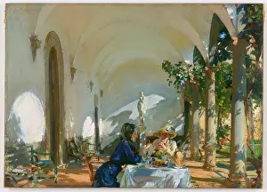 John Singer Sargent Prints: John Singer Sargent Breakfast in the Loggia sunlit interior scene 1917-1919