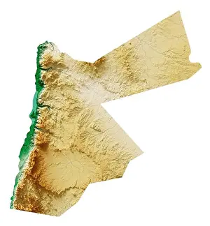 Relief Map Prints: Jordan. A highly detailed 3D rendering of a shaded relief map with rivers and lakes