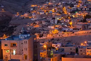 World Location Prints: Jordan, Petra-Wadi Musa, elevated view of the new town of Wadi Musa, evening