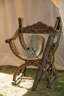 Armour Prints: Jousting at Le Rivau - armourer's tent, chair with helmet and sword