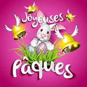 Joyeuses Pâques, oeufs, cloches et lapin sur fond rose