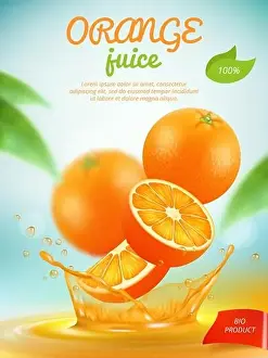 Fruity Prints: Juice placard. Advertizing banner with orange fresh fruit slice in liquid splashes vector template