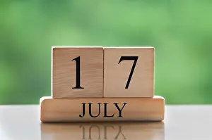 Points Prints: July 17 calendar date text on wooden blocks with blurred background park. Concept