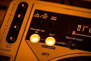 Illustrative Editorial Prints: JULY 19, 2019 - MALAGA, SPAIN. Closeup of Cue IN/OUT buttons on a Pioneer CDJ 800 Mk2 CD Player
