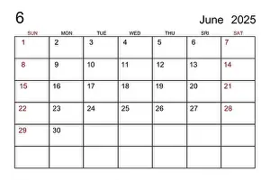 Personal Organizer Prints: June 2025 calendar template on white paper background