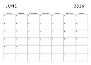 Calender Prints: June 2026 calendar. Monthly planner template. Monday start. Vector design