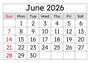 Monthly Prints: June 2026 calendar. Vector English monthly calendar page. Summer month, clean design