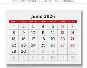 Monthly Prints: June 2026 Spanish calendar (Junio). Paper page monthly vector illustration for Spain