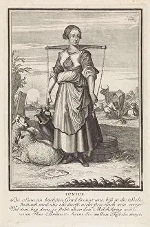 Occupations Prints: June. In the foreground a milkmaid next to two sheep