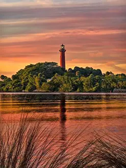 Lit Up Prints: Jupiter Inlet Lighthouse at sunset along the Loxahatchee River and Indian River Lagoon in Jupiter