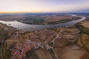 Old Tower Prints: Juromenha castle, village and Guadiana river drone aerial view at sunset in Alentejo