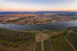 Old Tower Prints: Juromenha castle, village and Guadiana river drone aerial view at sunset in Alentejo