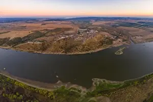Old Tower Prints: Juromenha castle, village and Guadiana river drone aerial view at sunset in Alentejo