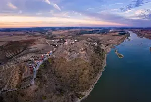 Old Tower Prints: Juromenha castle, village and Guadiana river drone aerial view at sunset in Alentejo