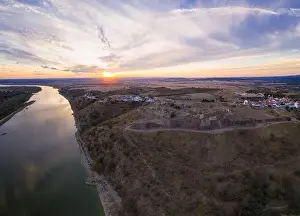 Old Tower Prints: Juromenha castle, village and Guadiana river drone aerial view at sunset in Alentejo