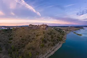 Old Tower Prints: Juromenha castle, village and Guadiana river drone aerial view at sunset in Alentejo