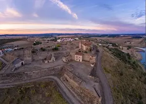 Juromenha castle, village and Guadiana river drone aerial view at sunset in Alentejo, Portugal