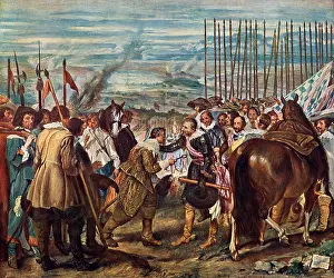 Siege Prints: Justin of Nassau surrendering Dutch city of Breda to the Spanish, 1625. Color lithograph