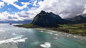 Water Blue Prints: Ka'a'awa Beach & Ka'a'awa Valley Mountain Coastline.Aerial view