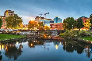 Town Park Prints: Kalamazoo, Michigan, USA downtown cityscape and park at dusk