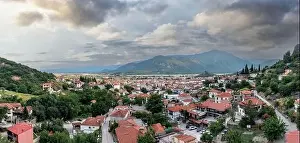 Kalambaka Greece. Sky with heavy clouds over Kalabaka town buildings and valley