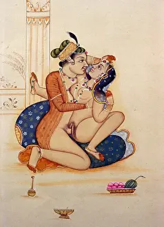 Kama Sutra ; Kamasutra ; Erotic Indian miniature painting 1800 AD ; Rajasthan ; India ; Asia