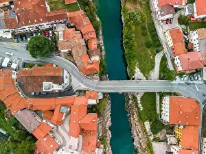 Soca Prints: Kanal Ob Soci in Sova Valley in Slovenia. Aerial Drone Townscape