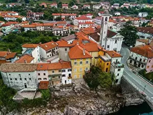 Soca Prints: Kanal Ob Soci Town at River Soca in Slovenia. Aerial Drone View