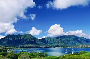 Boating Prints: Kaneohe Bay on the windward coast of Oahu with the Pali (cliffs) of the Koolau Mountains behind; Hawaii