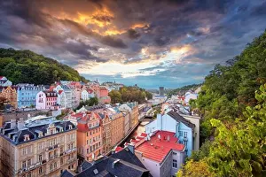Karlovy Vary, Czech Republic. Aerial image of Karlovy Vary (Carlsbad), located in western Bohemia at beautiful sunset