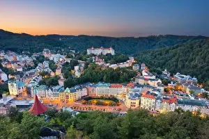 Karlovy Vary, Czech Republic. Aerial image of Karlovy Vary (Carlsbad), located in western Bohemia at beautiful sunrise