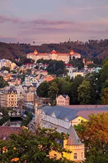 Karlovy Vary, Czech Republic. Aerial image of Karlovy Vary (Carlsbad), located in western Bohemia at beautiful summer sunset