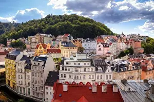 Karlovy Vary, Czech Republic. Aerial image of Karlovy Vary (Carlsbad), located in western Bohemia at beautiful sunny day