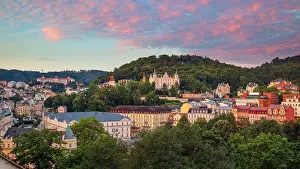 Urban Skyline Prints: Karlovy Vary, Czech Republic. Panoramic aerial image of Karlovy Vary (Carlsbad)
