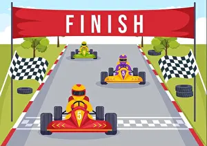 Racer Prints: Karting Sport with Racing Game Go Kart or Mini Car on Small Circuit Track in Flat Cartoon Hand Drawn Template