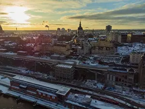 Tower Buildings Prints: The Katarina church in the district of Södermalm from above and the view towards the Ericsson Globen