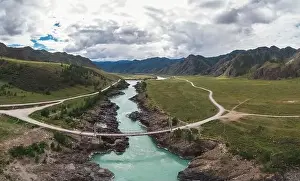 Altay Prints: The Katun river rapids in summer day at the Oroctoy bridge in Altai Republic