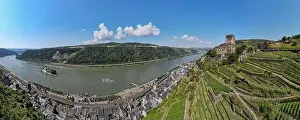 Old Palace Prints: Kaub, Germany - 20 July 2024: drone view at Pfalzgrafenstein and Gutenfels fort at Kaub in Germany