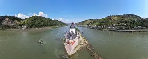Old Palace Prints: Kaub, Germany - 20 July 2024: drone view at Pfalzgrafenstein water fort on river Rhine at Kaub in Germany
