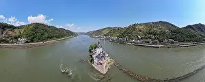 Kaub, Germany - 20 July 2024: drone view at Pfalzgrafenstein water fort on river Rhine at Kaub in Germany