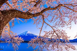 Kawaguchi Lake, Japan at Mt. Fuji in the evening during the spring