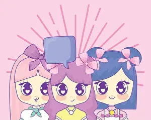 Speech Bubble Prints: Kawaii anime girls with speech bubble over pink background