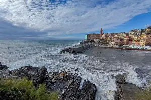 Genoa Prints: Kayaks in big waves in Genoa Nervi harbor during sea storm