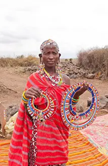 Woman Red Prints: Kenya Africa Amboseli Maasai tribe village Masai woman in red costume dress with beads to sell in remote area #1