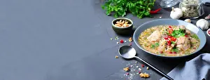 Broth Prints: Kharcho Soup with Chicken and Herbs on Dark Background, Georgian Cuisine