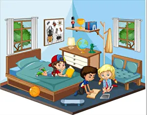 Boyhood Prints: Kids in the bedroom in blue theme scene on white background