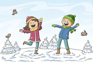 Eps 10 Prints: Two kids playing in the snow. Hand drawn vector illustration with separate layers