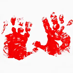 Childlike Prints: Kids red hand prints printed with water colors
