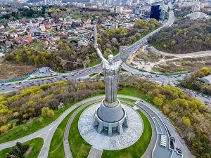 Kiev, Ukraine - April 26, 2021: Aerial top view by drone of the Monument Motherland in Kiev, Ukraine
